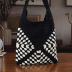 Granny Square Pattern Crochet Slouchy Tote Bag - Black White