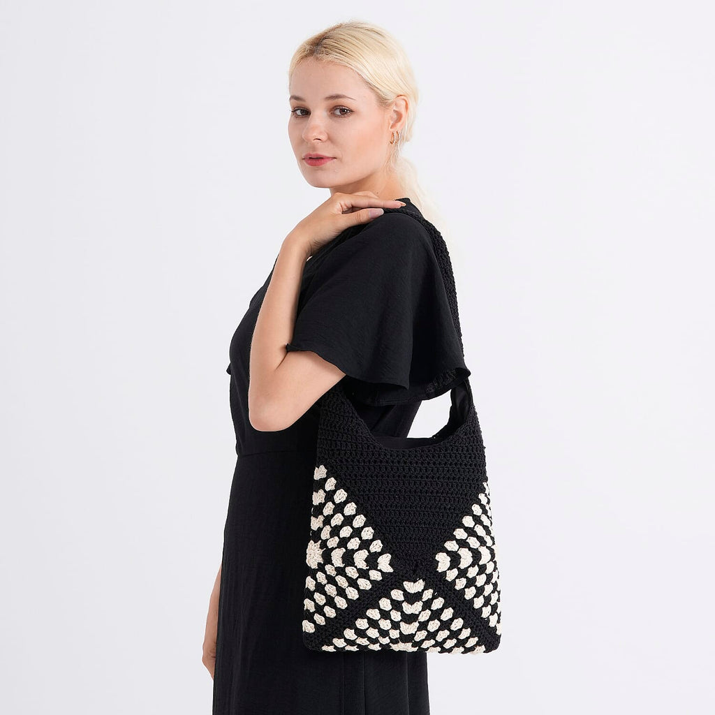 Granny Square Pattern Crochet Slouchy Tote Bag - Black White