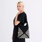 Granny Square Pattern Crochet Slouchy Tote Bag - Black White