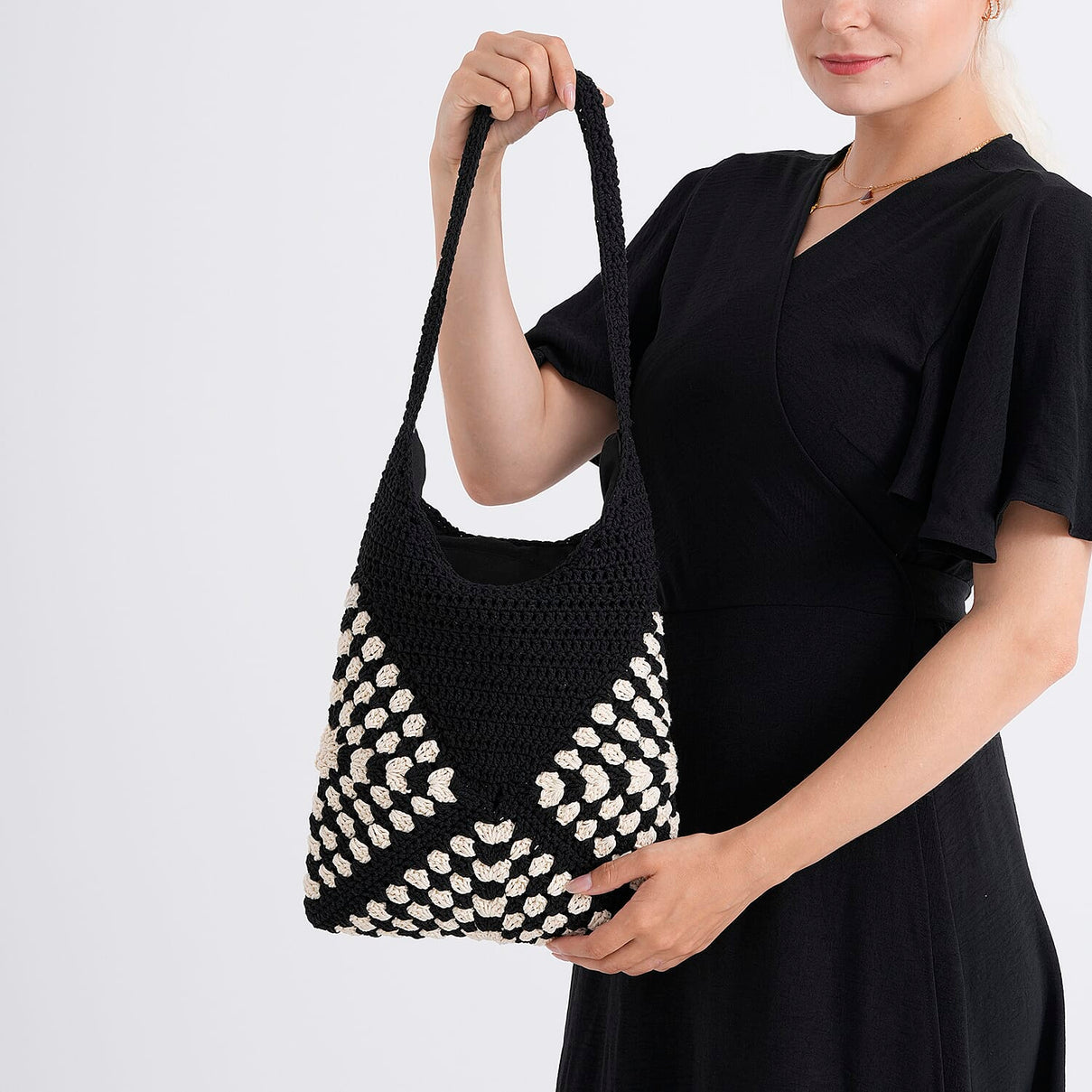 Granny Square Pattern Crochet Slouchy Tote Bag - Black White V32513182 4
