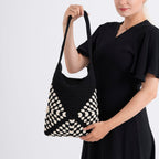 Granny Square Pattern Crochet Slouchy Tote Bag - Black White