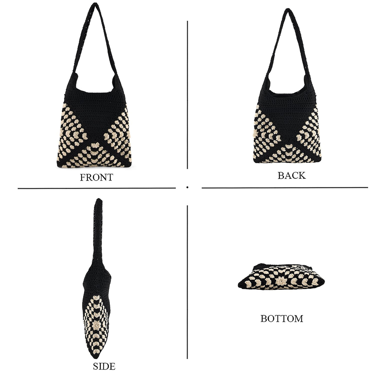 Granny Square Pattern Crochet Slouchy Tote Bag - Black White V32513182 5