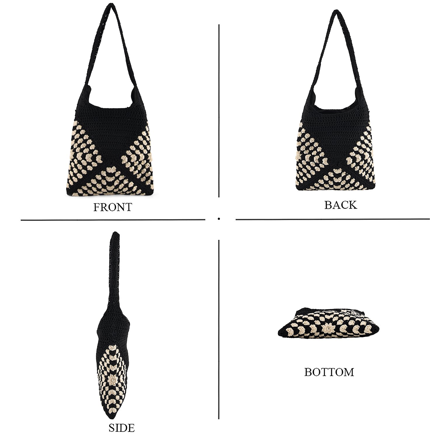 Granny Square Pattern Crochet Slouchy Tote Bag - Black White V32513182 5