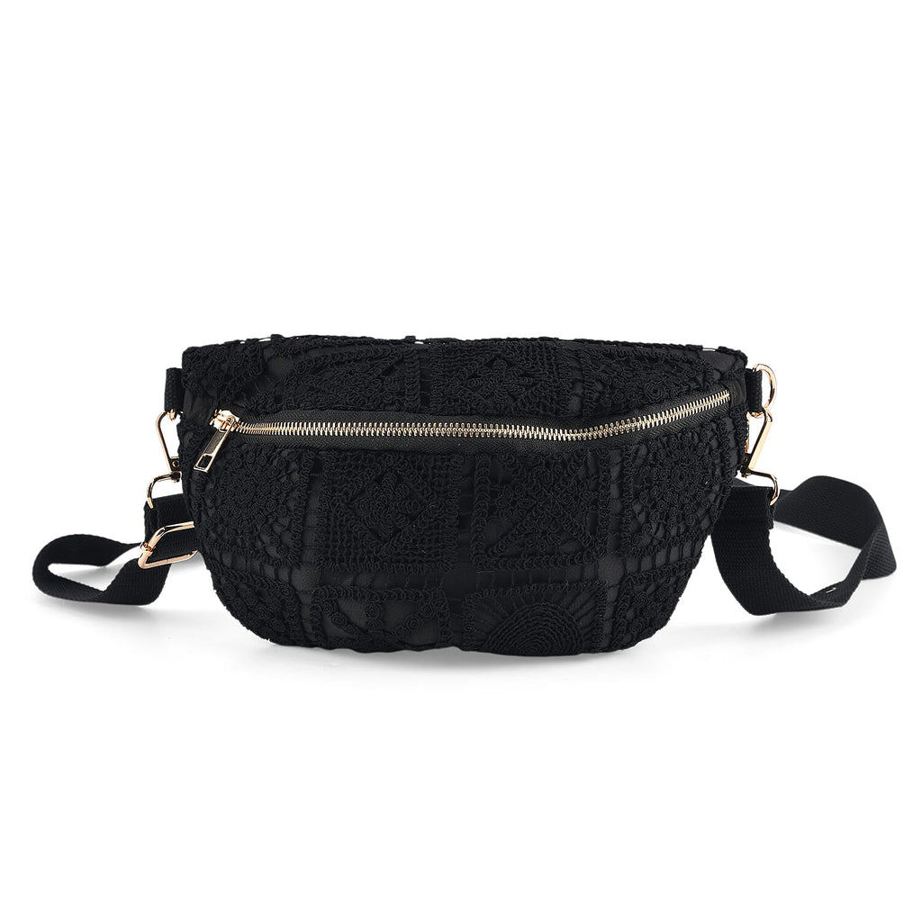 Crochet Crescent Sling Bag with Adjustable Strap - Black