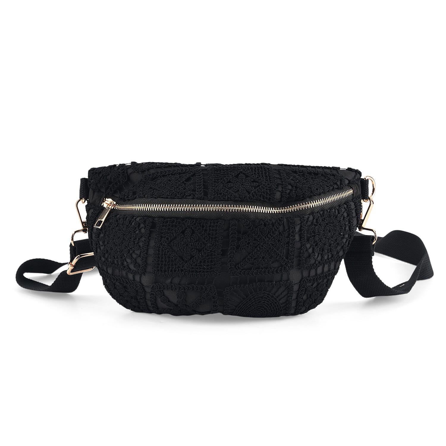 Crochet Crescent Sling Bag with Adjustable Strap - Black V32527490 0