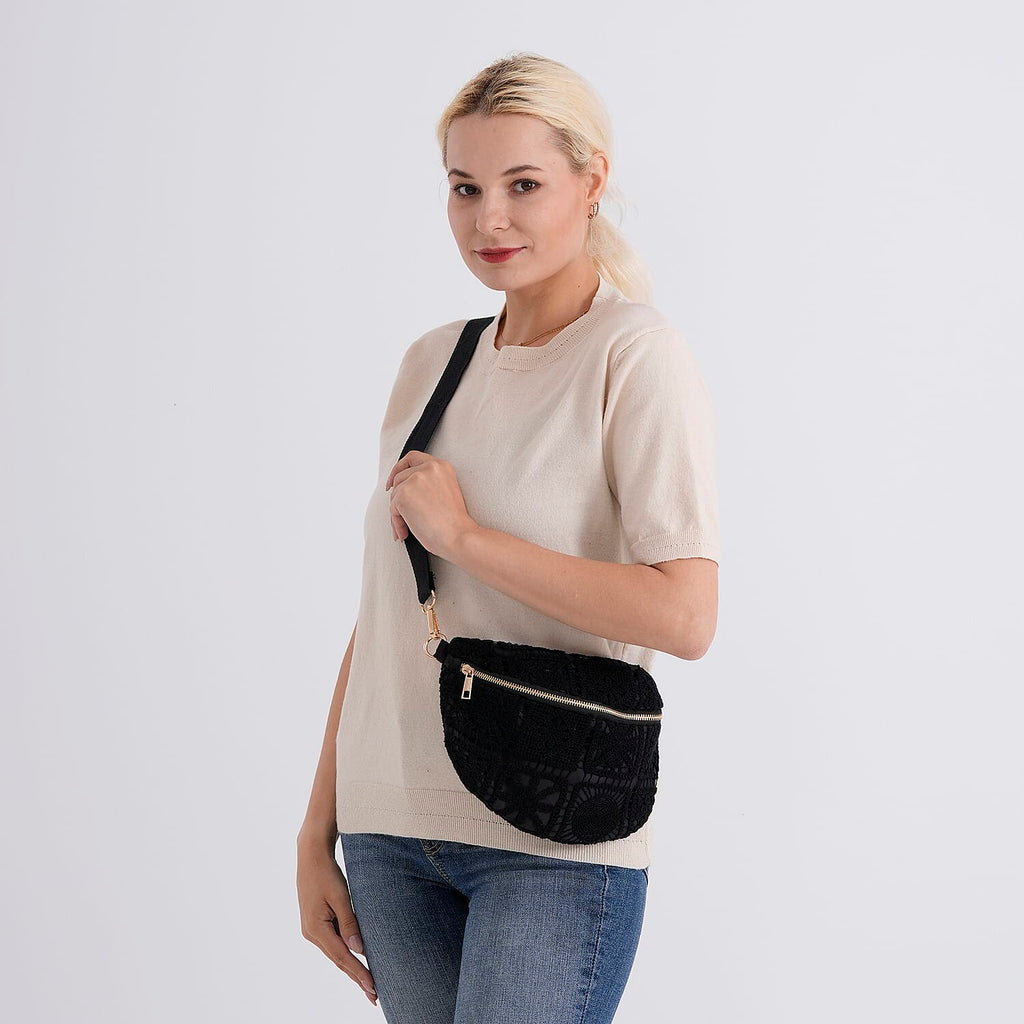 Crochet Crescent Sling Bag with Adjustable Strap - Black