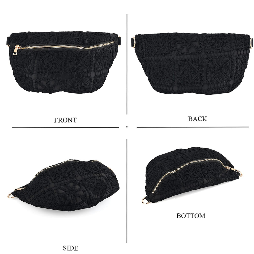 Crochet Crescent Sling Bag with Adjustable Strap - Black