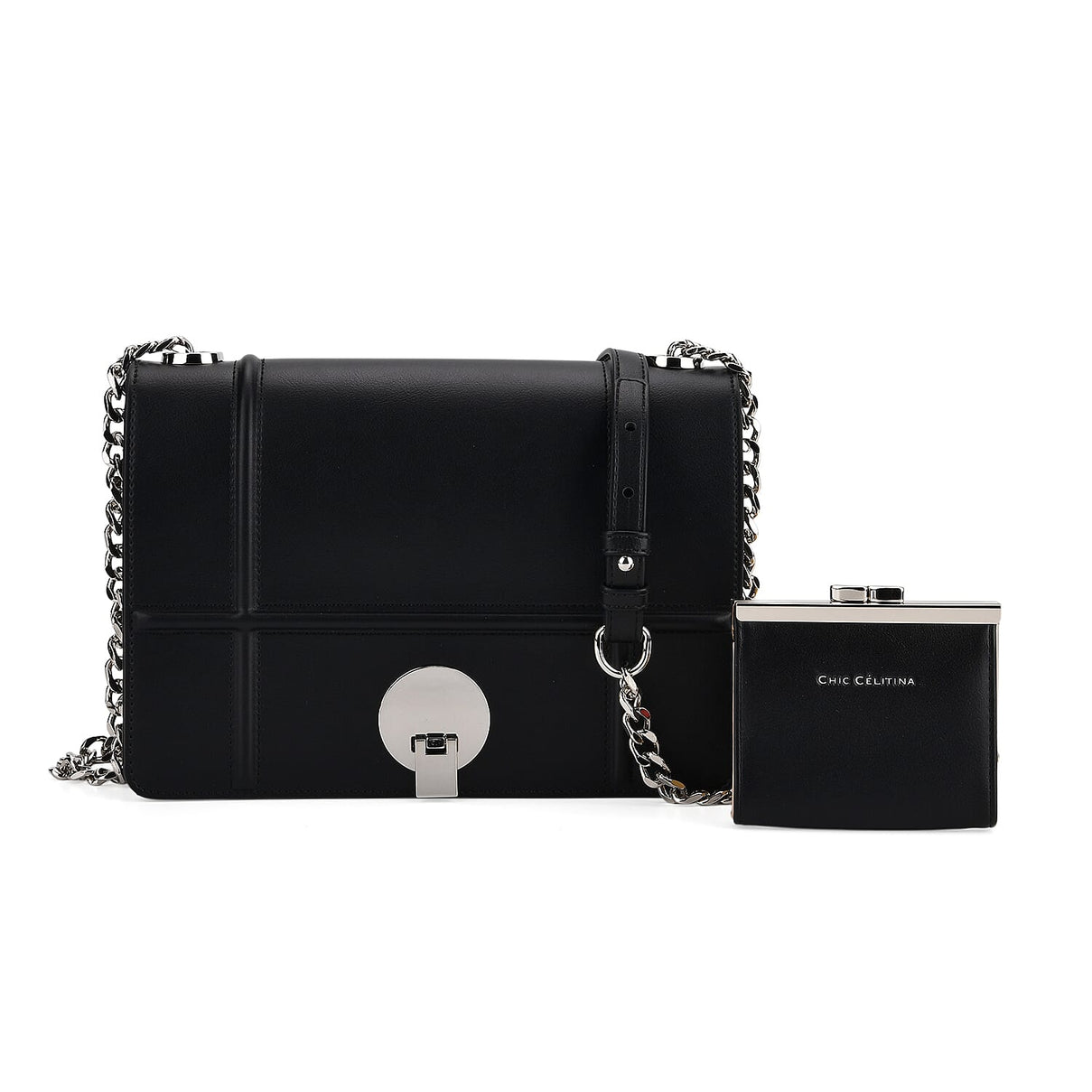 Set of 2 Structured Panel Bag with Silver Chain Strap &amp; Matching Card Slot Purse - Black V32525401 0
