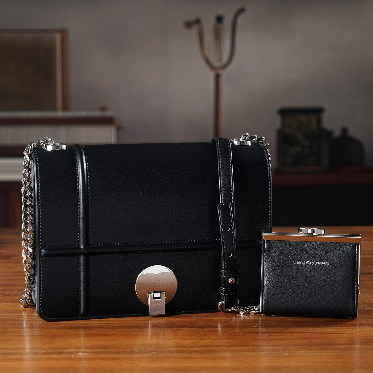 Set of 2 Structured Panel Bag with Silver Chain Strap &amp; Matching Card Slot Purse - Black V32525401 1