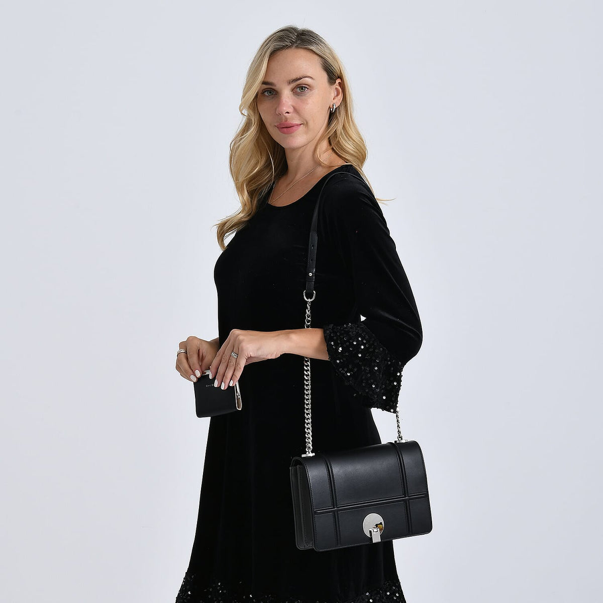 Set of 2 Structured Panel Bag with Silver Chain Strap &amp; Matching Card Slot Purse - Black V32525401 2