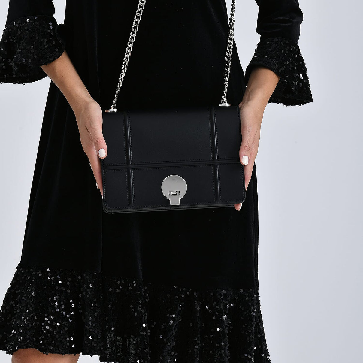 Set of 2 Structured Panel Bag with Silver Chain Strap &amp; Matching Card Slot Purse - Black V32525401 3