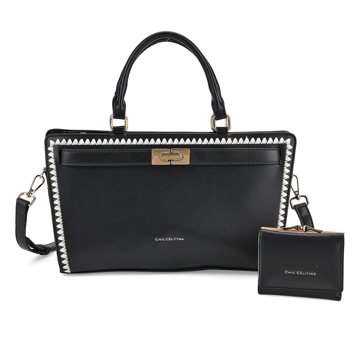 Set of 2 Pearl-Trim Crossbody Satchel Bag (34 cm) with Matching Card Slot Wallet - Black 8242719 0