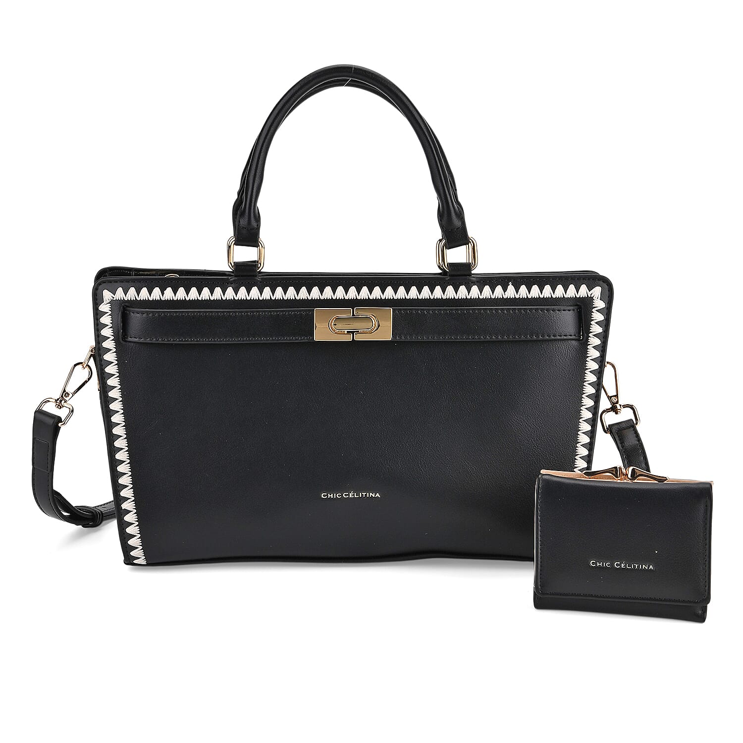 Set of 2 Pearl-Trim Crossbody Satchel Bag (34 cm) with Matching Card Slot Wallet - Black 8242719 0
