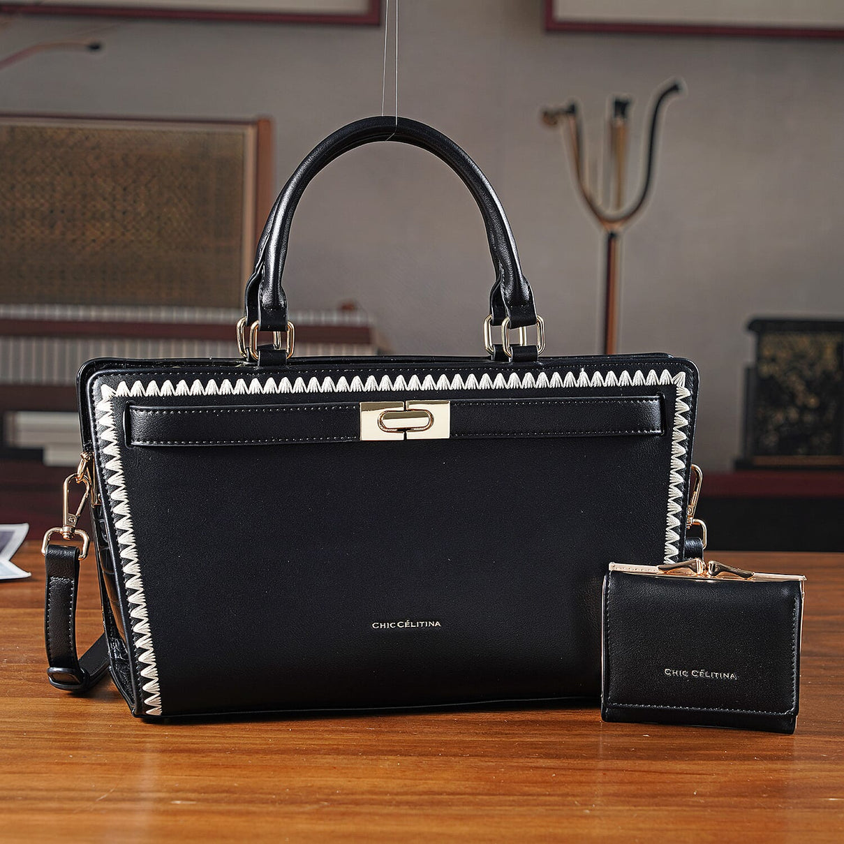 Set of 2 Pearl-Trim Crossbody Satchel Bag (34 cm) with Matching Card Slot Wallet - Black 8242719 2