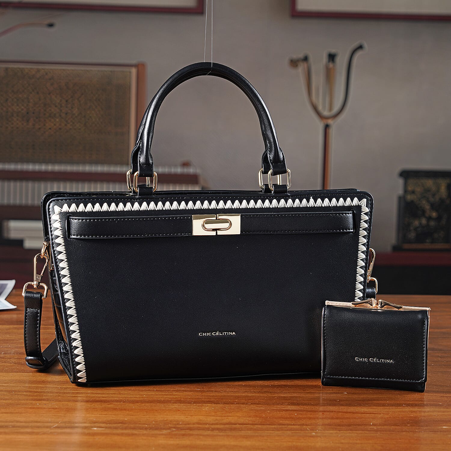 Set of 2 Pearl-Trim Crossbody Satchel Bag (34 cm) with Matching Card Slot Wallet - Black 8242719 2