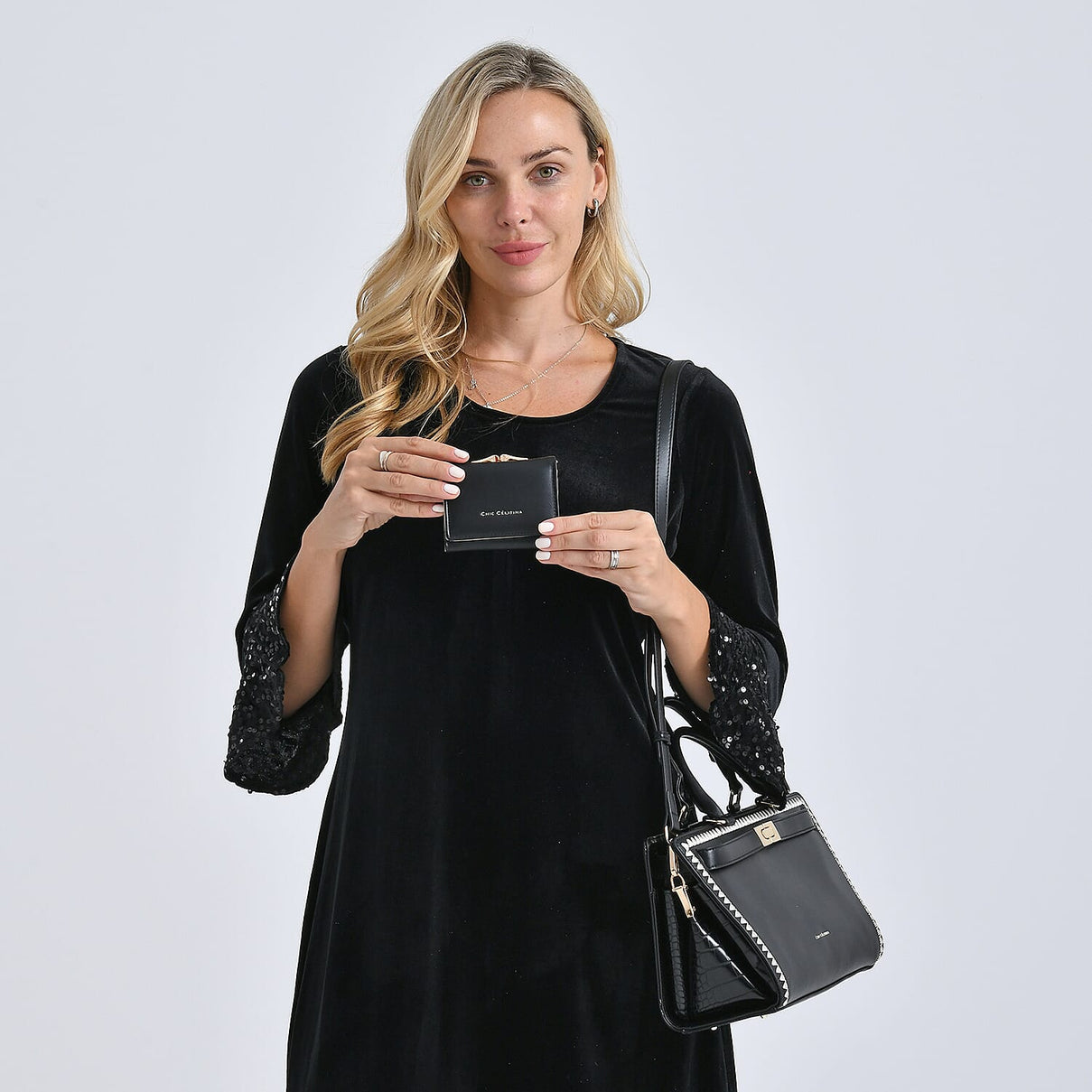 Set of 2 Pearl-Trim Crossbody Satchel Bag (34 cm) with Matching Card Slot Wallet - Black 8242719 3