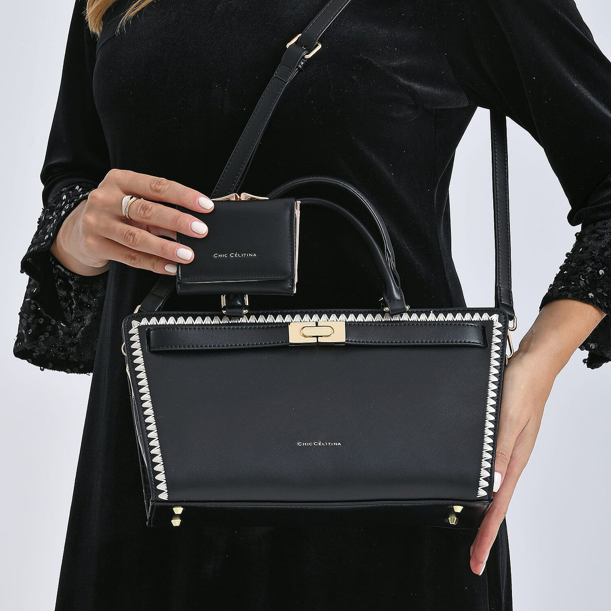 Set of 2 Pearl-Trim Crossbody Satchel Bag (34 cm) with Matching Card Slot Wallet - Black 8242719 4