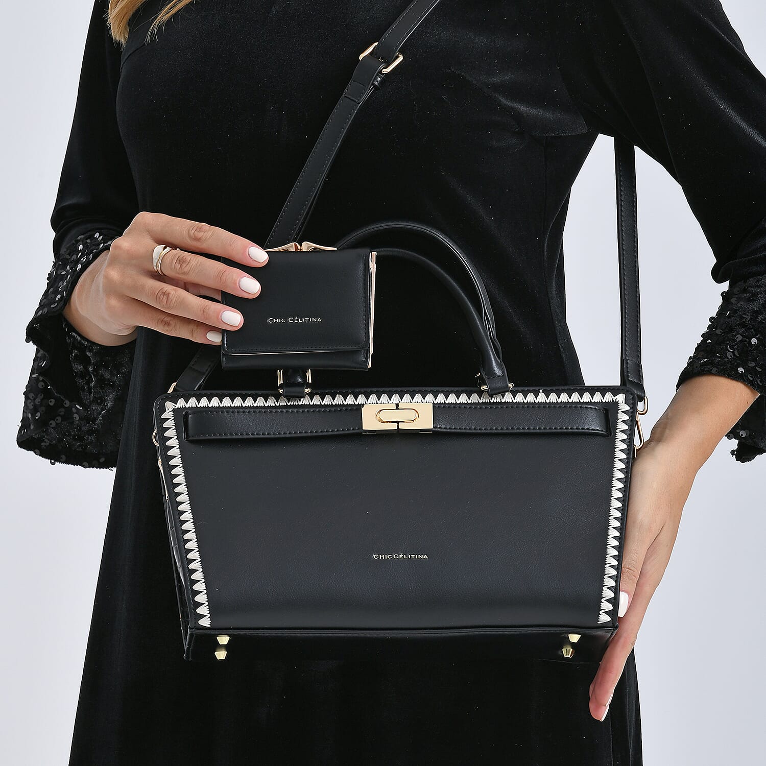 Set of 2 Pearl-Trim Crossbody Satchel Bag (34 cm) with Matching Card Slot Wallet - Black 8242719 4