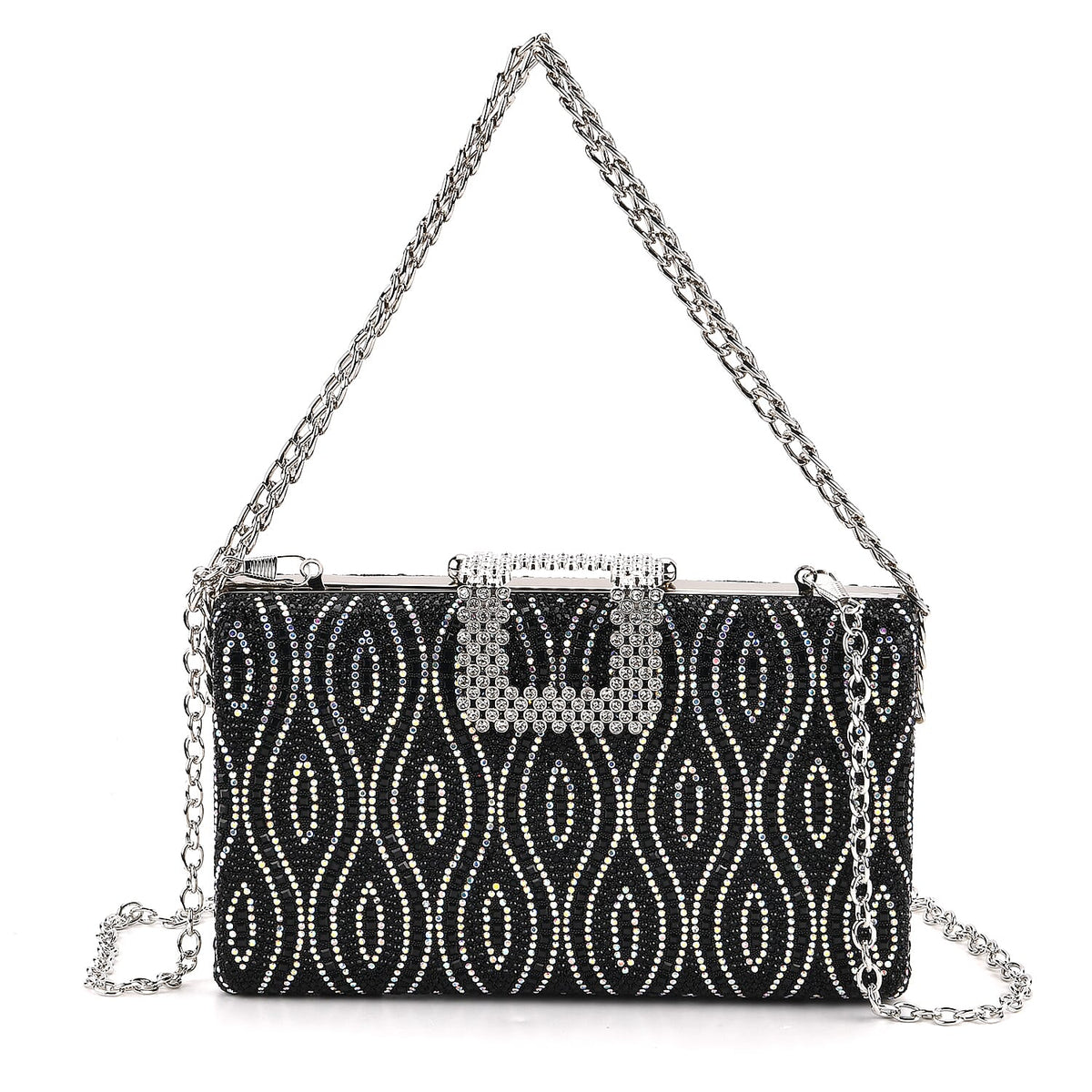 CLOSEOUT DEAL - Crystal Embellished Evening Clutch Bag with Metallic Chain Strap - Black V32513185 0