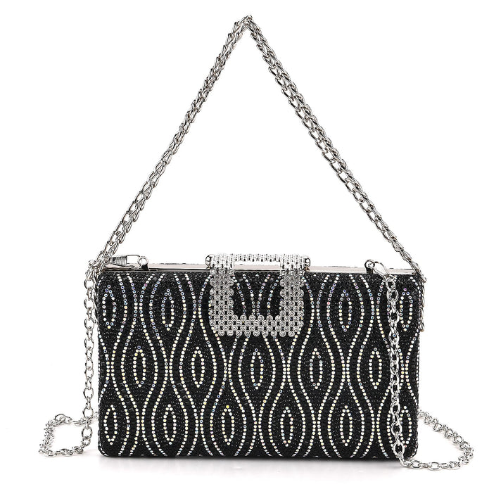 CLOSEOUT DEAL - Crystal Embellished Evening Clutch Bag with Metallic Chain Strap - Black 8244553 1