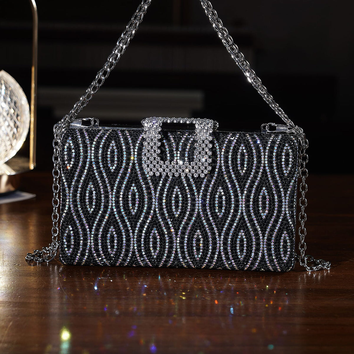 CLOSEOUT DEAL - Crystal Embellished Evening Clutch Bag with Metallic Chain Strap - Black V32513185 2
