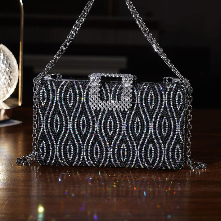 CLOSEOUT DEAL - Crystal Embellished Evening Clutch Bag with Metallic Chain Strap - Black 8244553 2