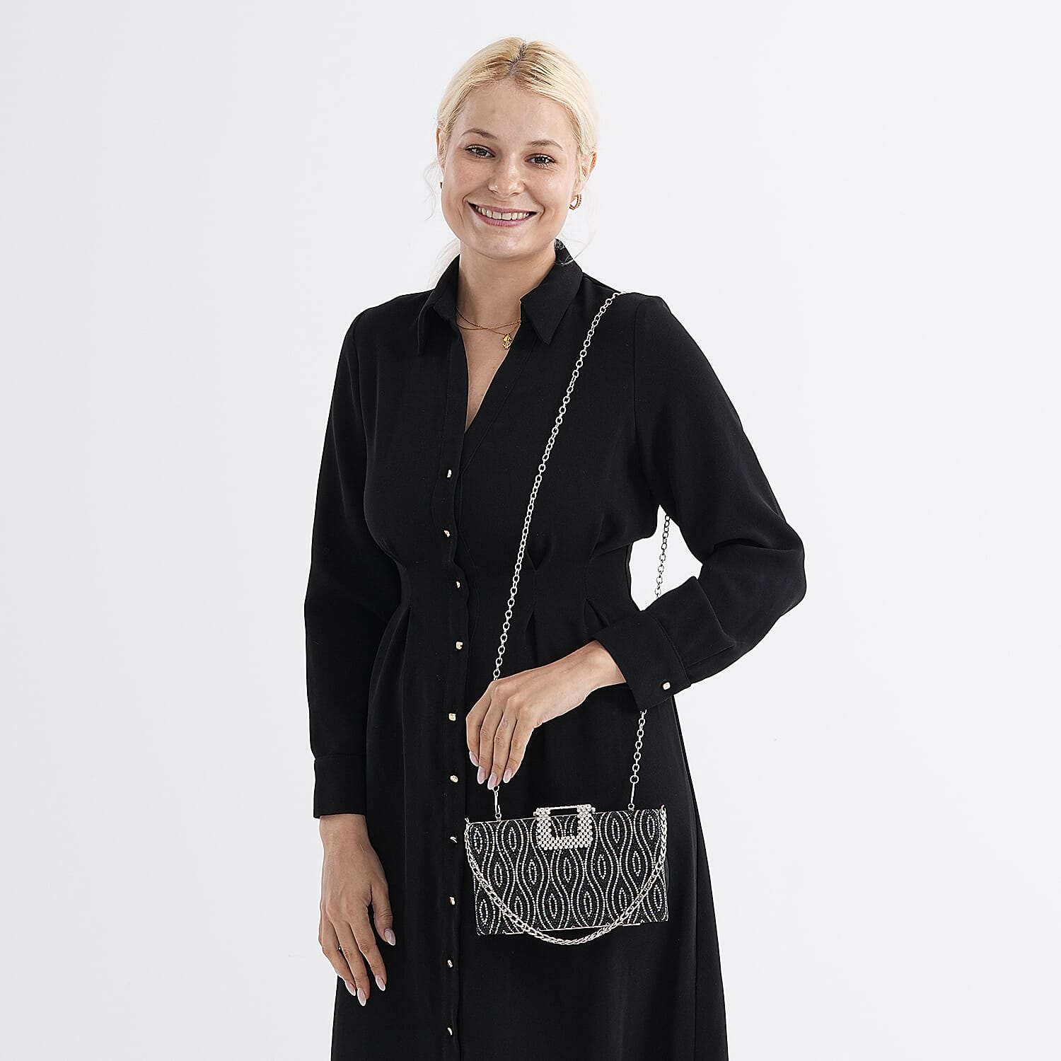 CLOSEOUT DEAL - Crystal Embellished Evening Clutch Bag with Metallic Chain Strap - Black V32513185 3