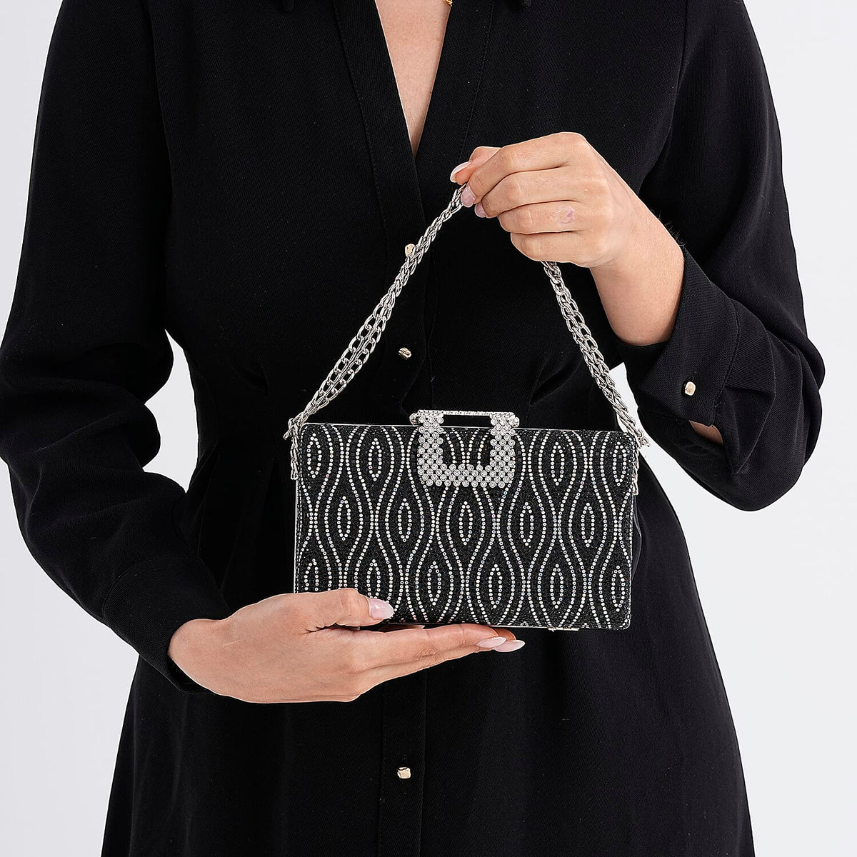 CLOSEOUT DEAL - Crystal Embellished Evening Clutch Bag with Metallic Chain Strap - Black V32513185 4