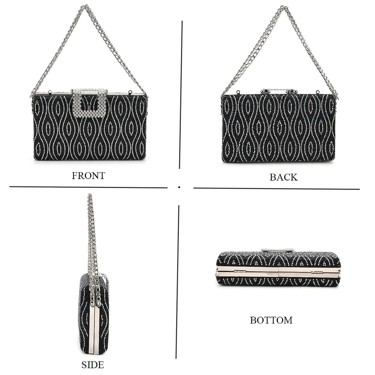 CLOSEOUT DEAL - Crystal Embellished Evening Clutch Bag with Metallic Chain Strap - Black V32513185 5