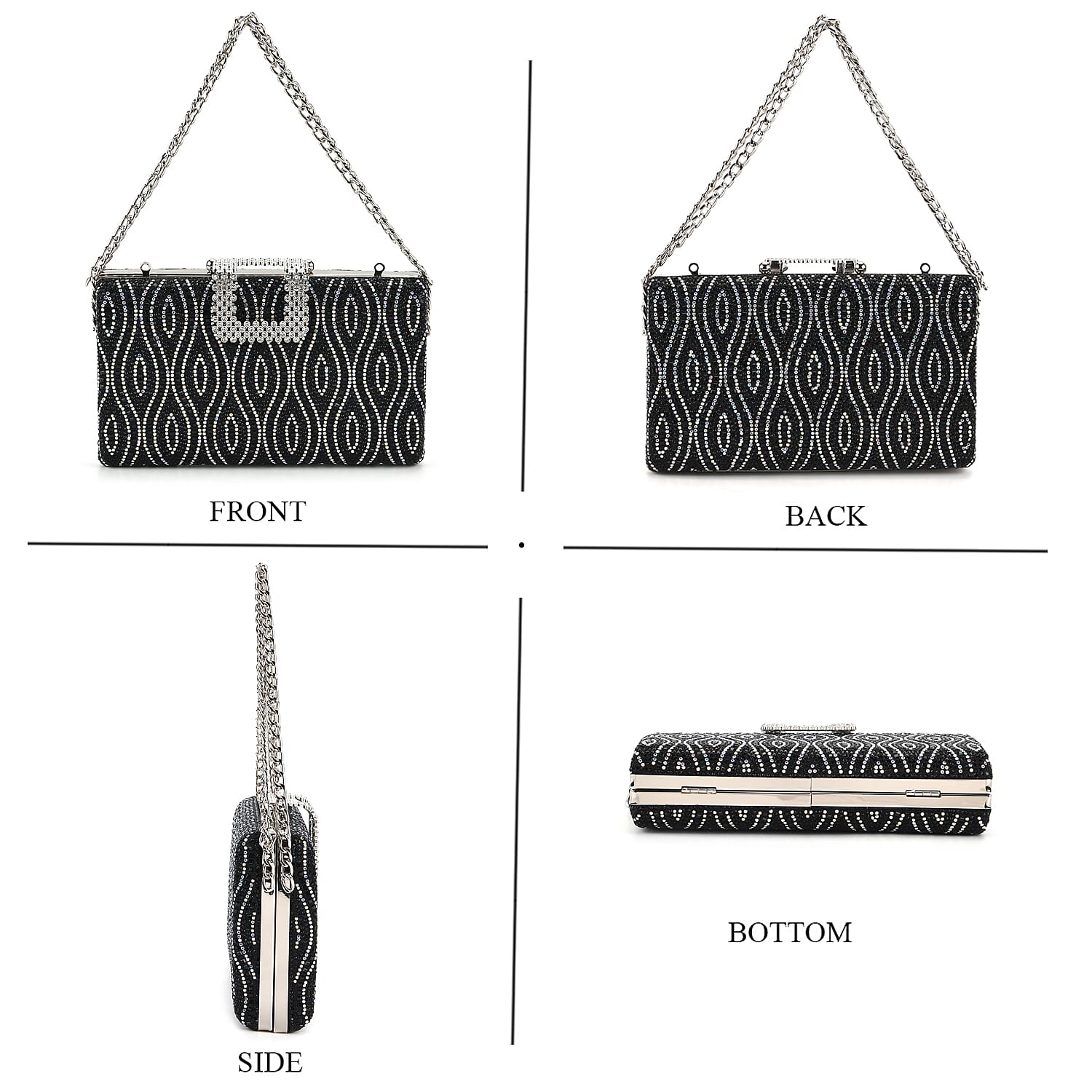CLOSEOUT DEAL - Crystal Embellished Evening Clutch Bag with Metallic Chain Strap - Black V32513185 5