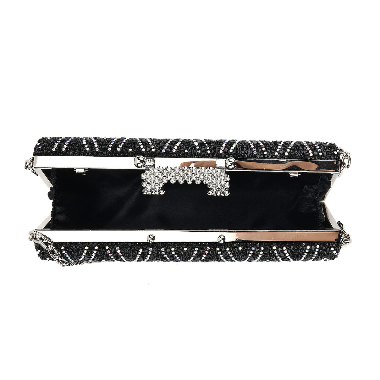 CLOSEOUT DEAL - Crystal Embellished Evening Clutch Bag with Metallic Chain Strap - Black V32513185 6