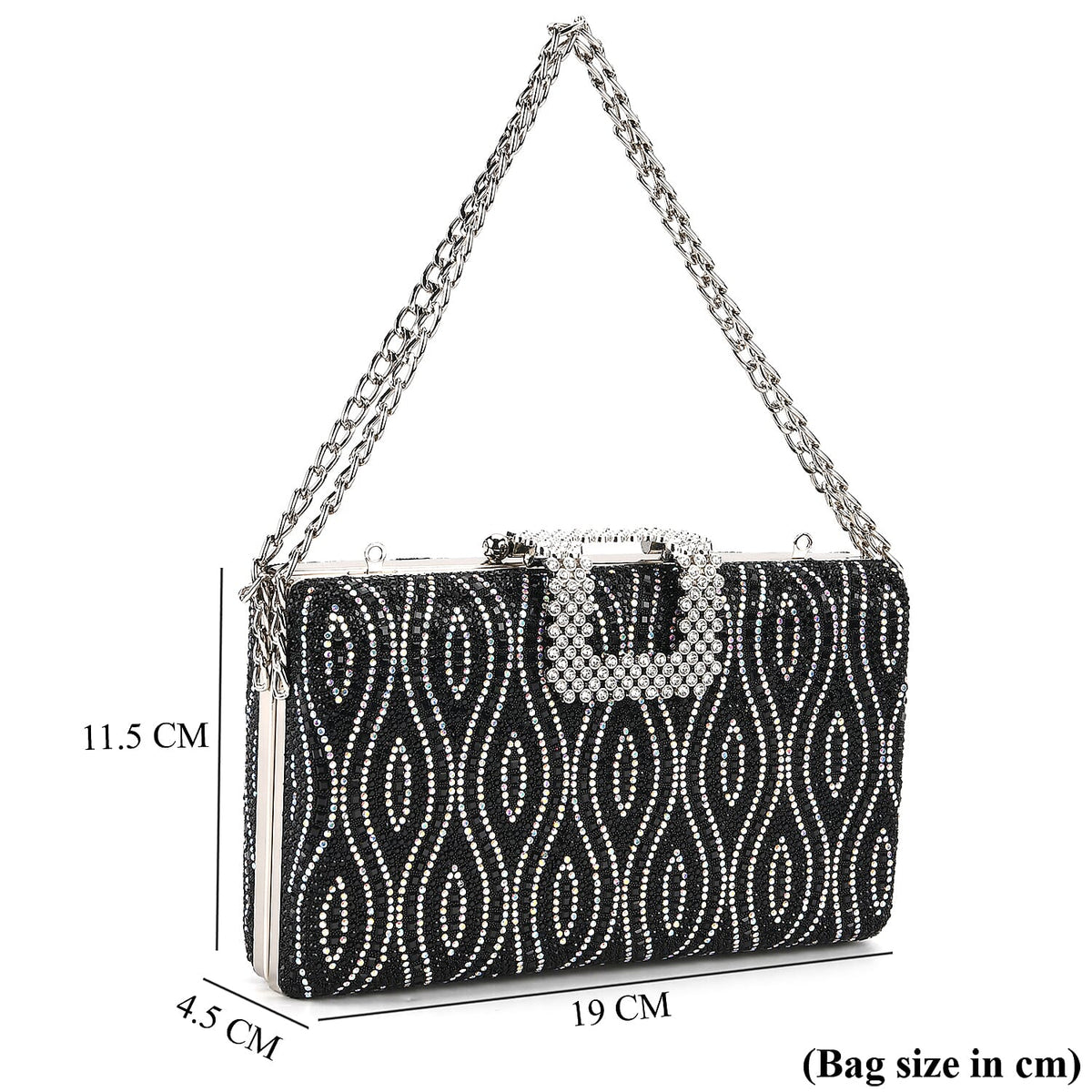 CLOSEOUT DEAL - Crystal Embellished Evening Clutch Bag with Metallic Chain Strap - Black V32513185 7
