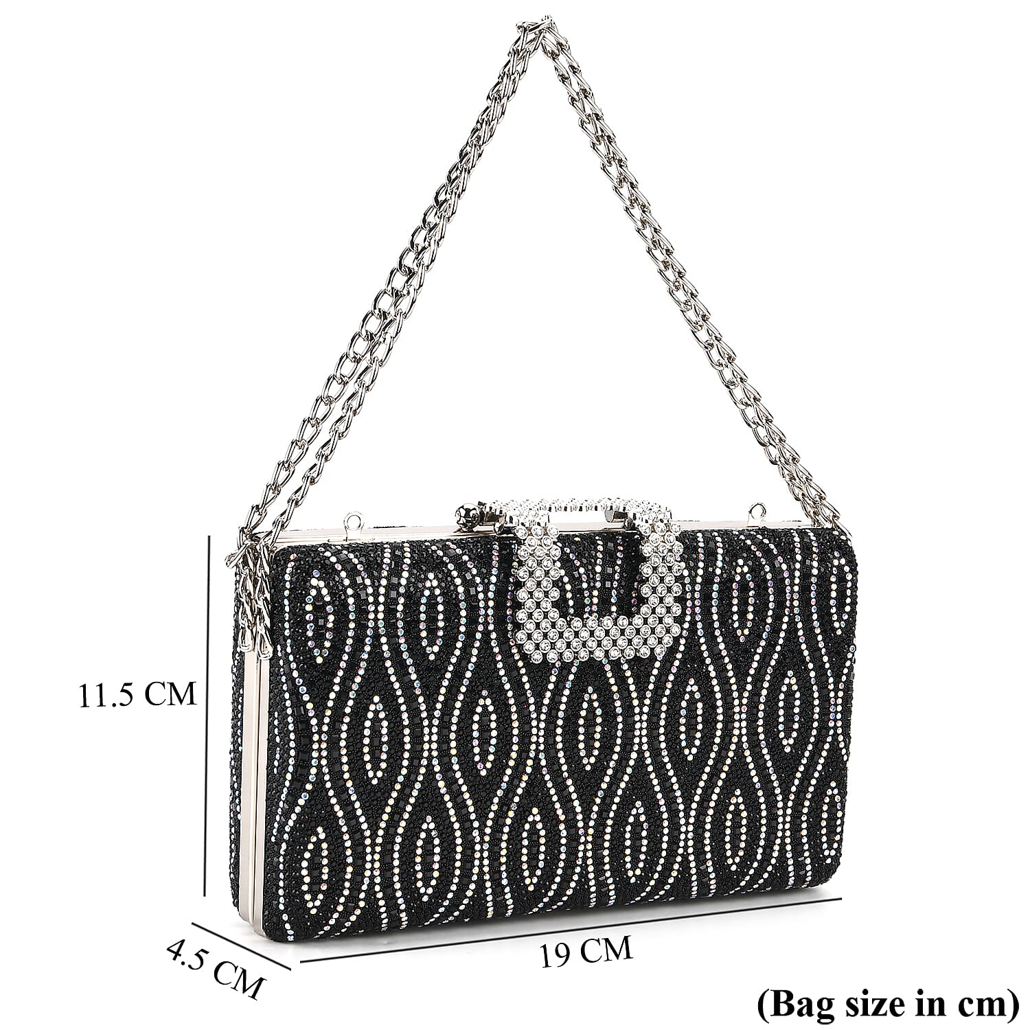 CLOSEOUT DEAL - Crystal Embellished Evening Clutch Bag with Metallic Chain Strap - Black V32513185 7