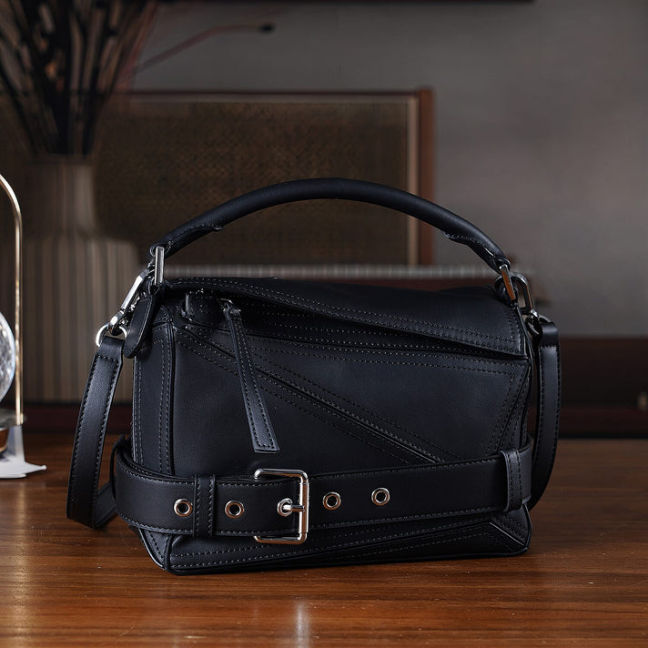 Designer Inspired - Genuine Leather Geometric Panel Handbag with 2 Detachable Straps 8377453 2