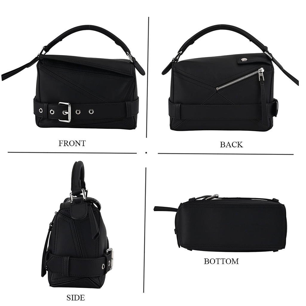 Designer Inspired Genuine Leather  Geometric Panel Handbag with 2 Detachable Straps - Black