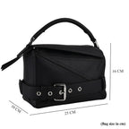 Designer Inspired Genuine Leather  Geometric Panel Handbag with 2 Detachable Straps - Black