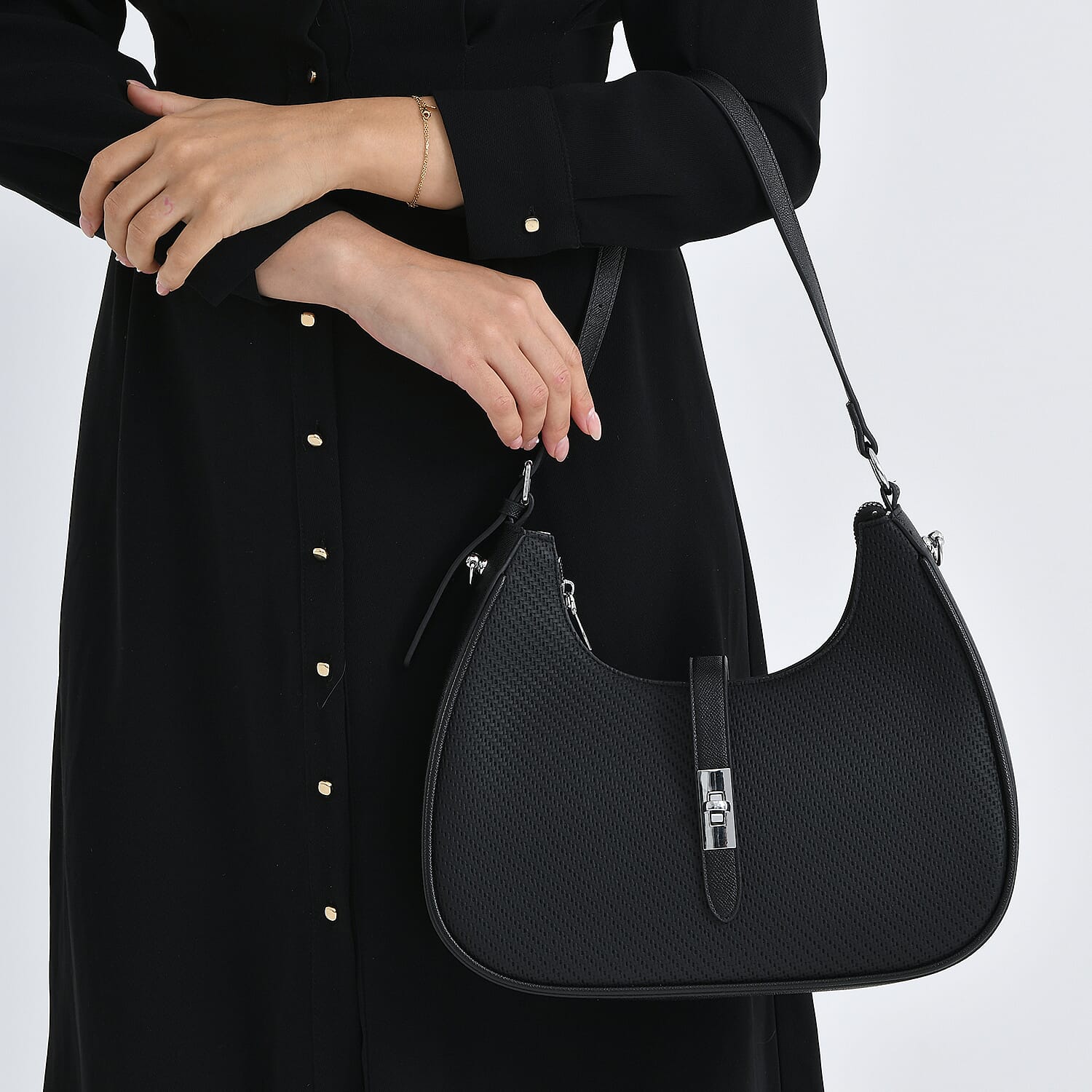 Elegant Hobo Shoulder Bag with Adjustable Strap - Black V32356477 4