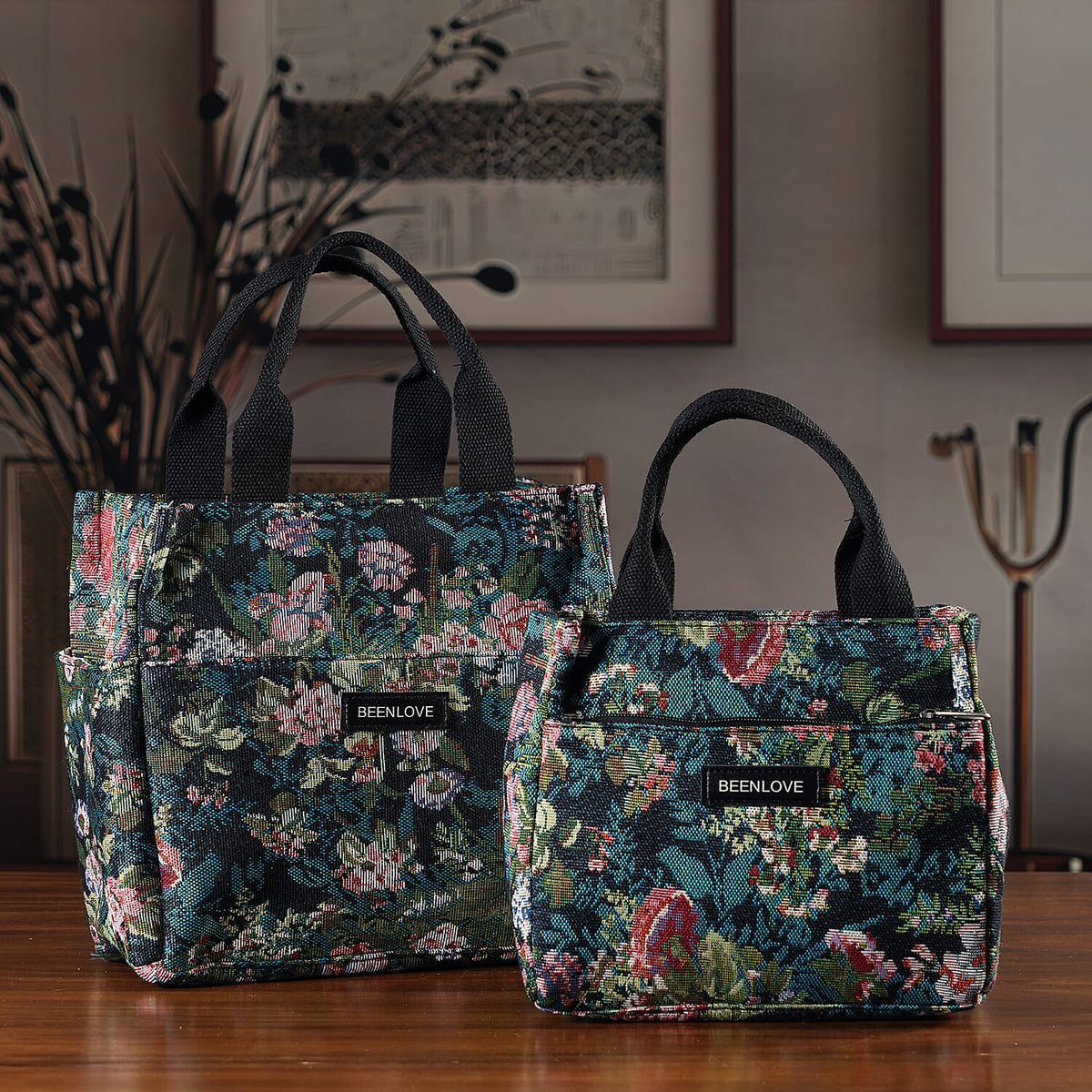 Set of 2 Tropical Print Insulated Tote Bags - Black &amp; Multicolour V32514726 2