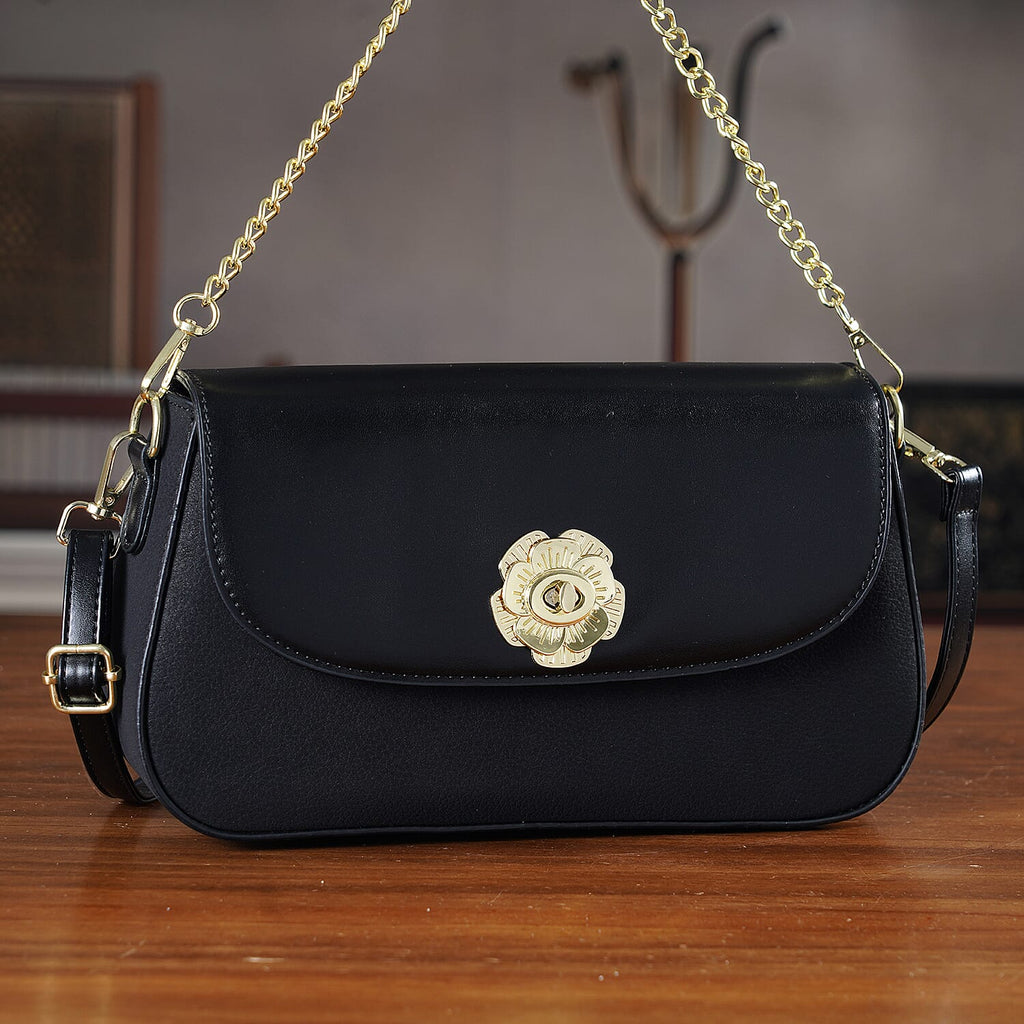 Designer Inspired - Convertible Clutch & Baguette Shoulder Bag with Chain Strap - Black
