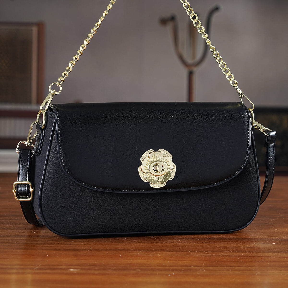 Designer Inspired - Convertible Clutch &amp; Baguette Shoulder Bag with Chain Strap - Black V32537238 2