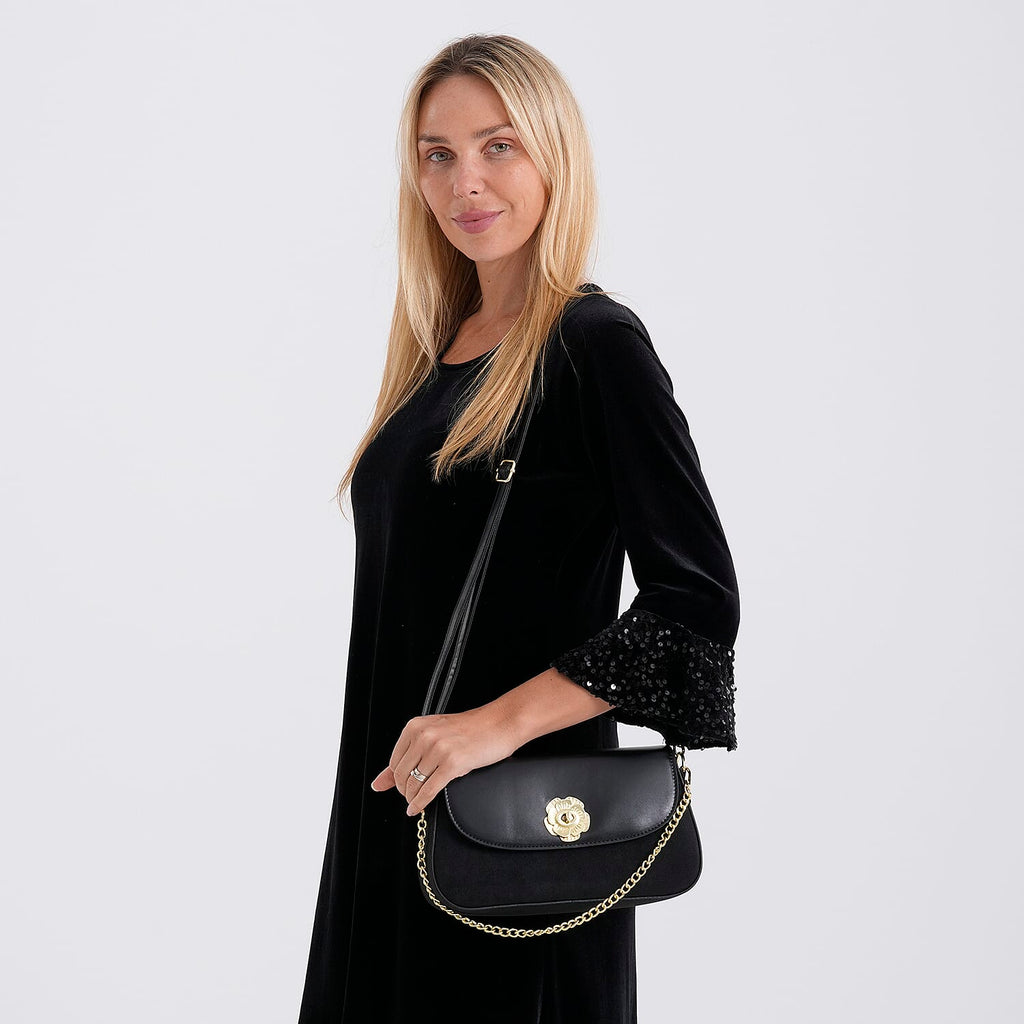 Designer Inspired - Convertible Clutch & Baguette Shoulder Bag with Chain Strap - Black