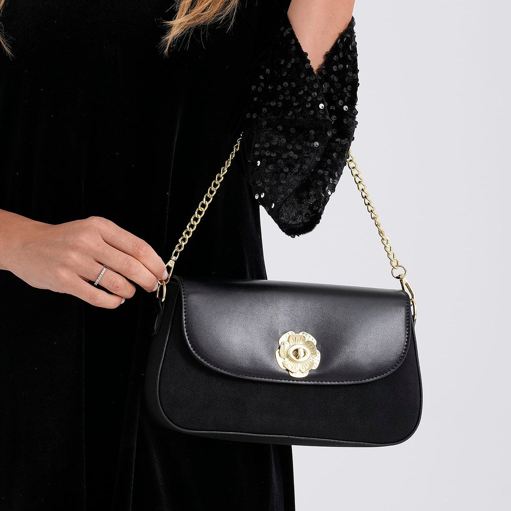 Designer Inspired - Convertible Clutch & Baguette Shoulder Bag with Chain Strap - Black