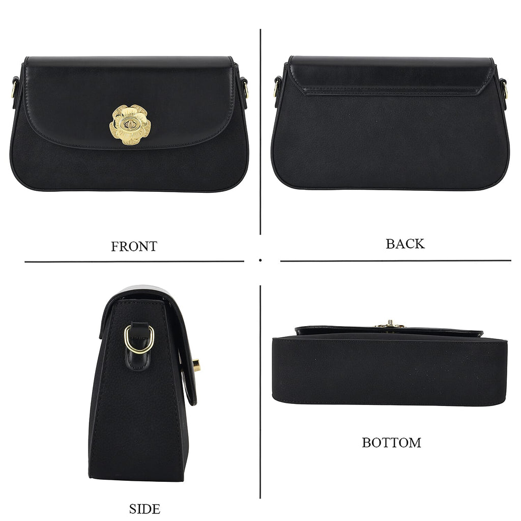 Designer Inspired - Convertible Clutch & Baguette Shoulder Bag with Chain Strap - Black