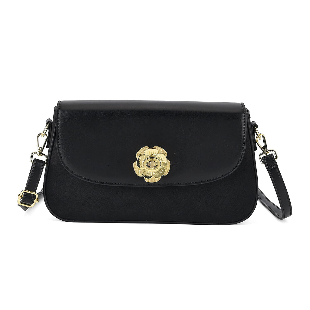 Designer Inspired - Convertible Clutch & Baguette Shoulder Bag with Chain Strap - Black