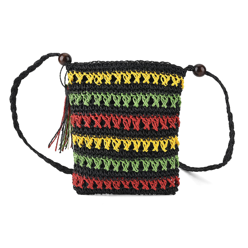 Striped Crochet Messenger Crossbody Bag - Black