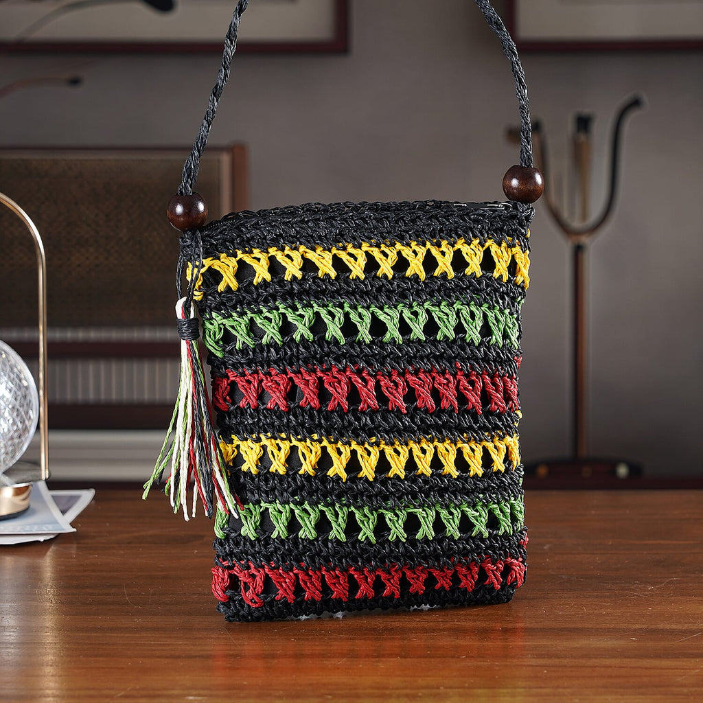 Striped Crochet Messenger Crossbody Bag - Black