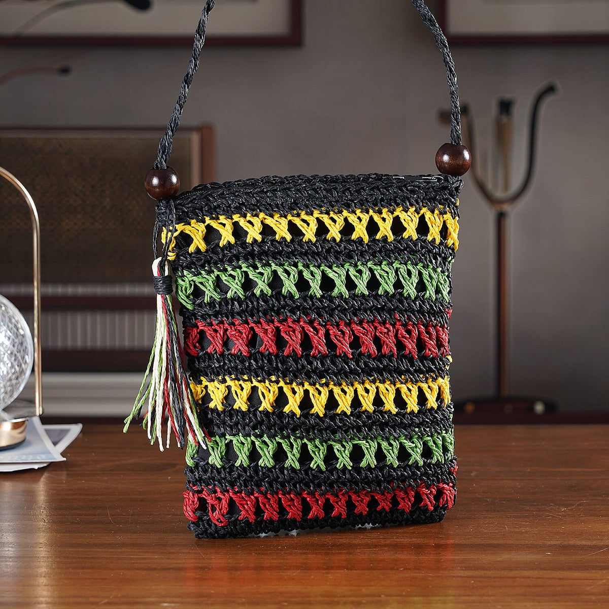 Striped Crochet Messenger Crossbody Bag - Black V32515875 2