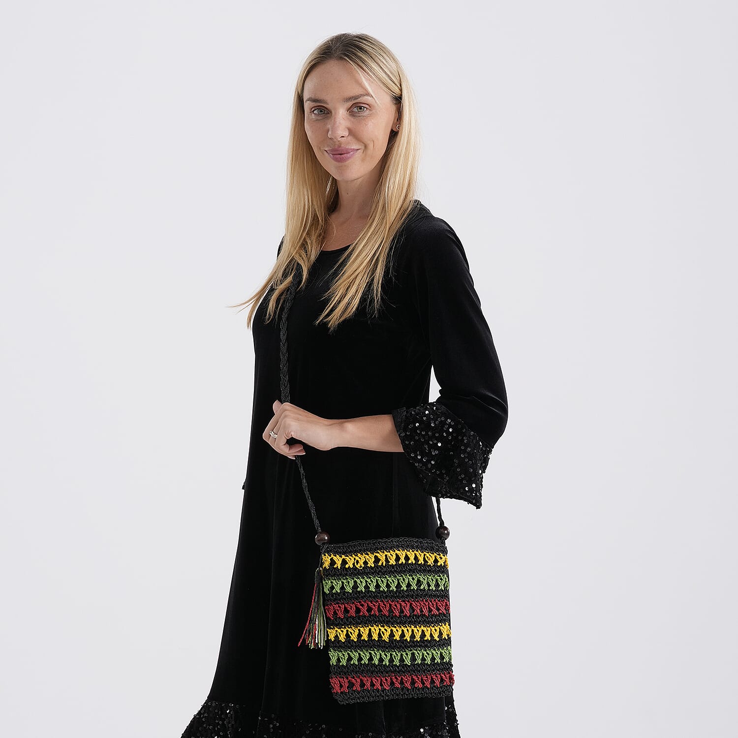 Striped Crochet Messenger Crossbody Bag - Black V32515875 3