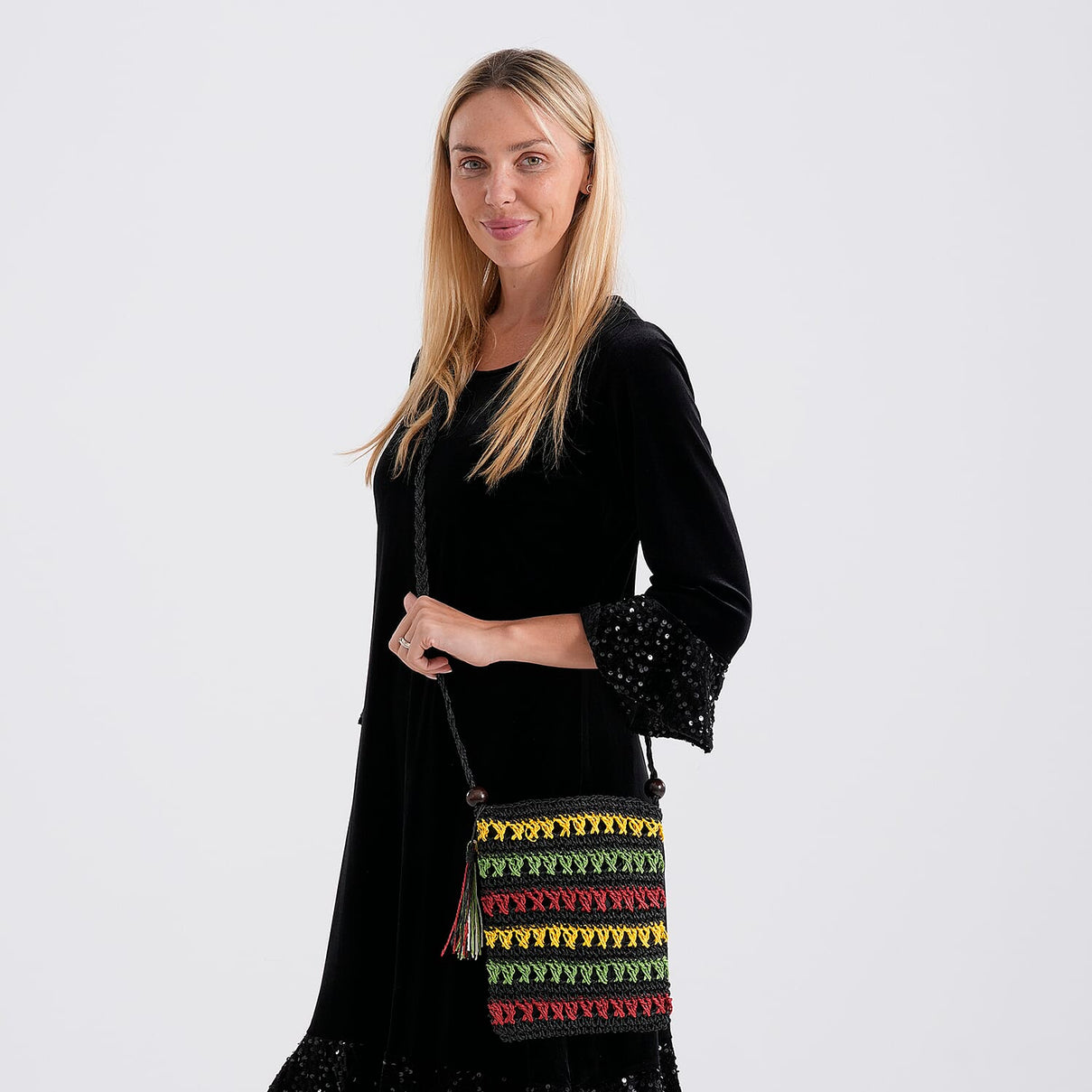 Striped Crochet Messenger Crossbody Bag - Black V32363239 3