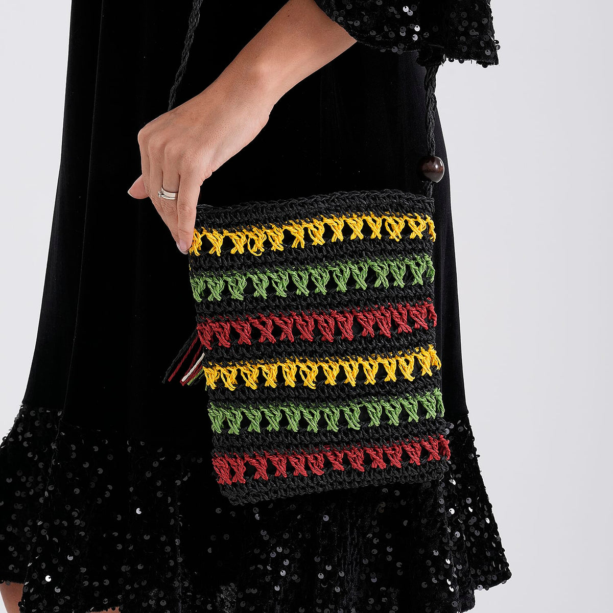 Striped Crochet Messenger Crossbody Bag - Black V32515875 4